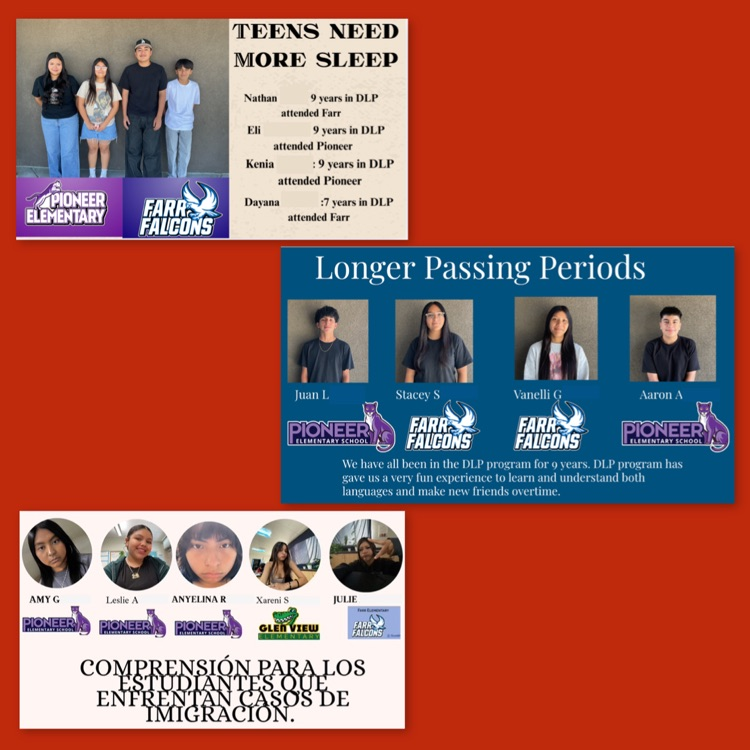 A collage of opening slides for the DLP presentations of "Teens Need More Sleep", "Longer Passing Periods", and "Understanding for Students Facing Immigration Cases"