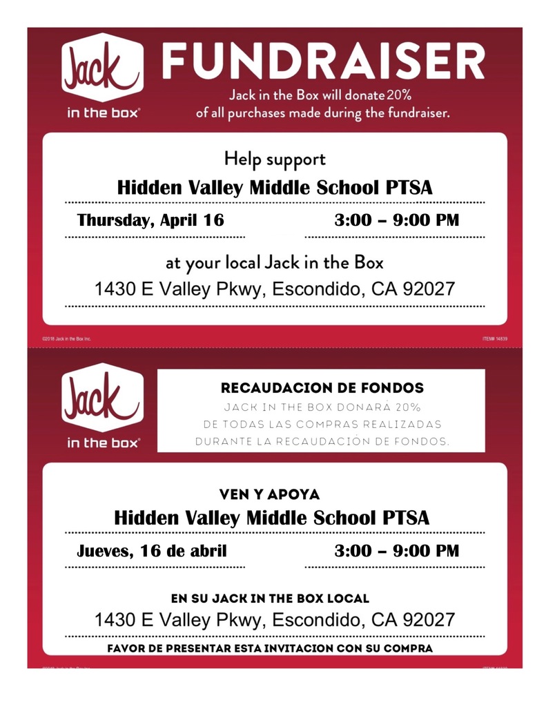 Flyer for Jack in the Box fundraiser benefiting Hidden Valley Middle School PTSA on Thursday, April 16, from 3:00–9:00 p.m. at 1430 E Valley Pkwy, Escondido. Jack in the Box will donate 20% of all purchases made during the fundraiser.