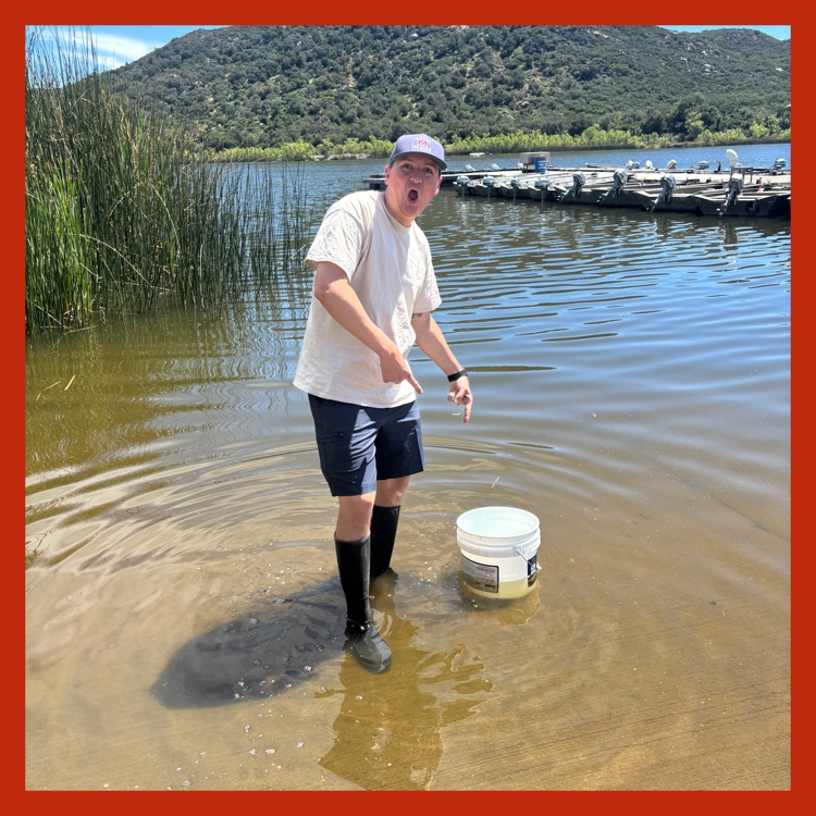 Mr. Zanesco hamming it up for the camera as he gets ready to release the trout into Lake Wohlford