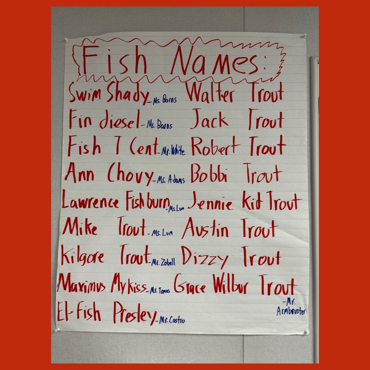 The list of "punny" fish names that the staff and faculty of Mission Middle School came up with for the trout