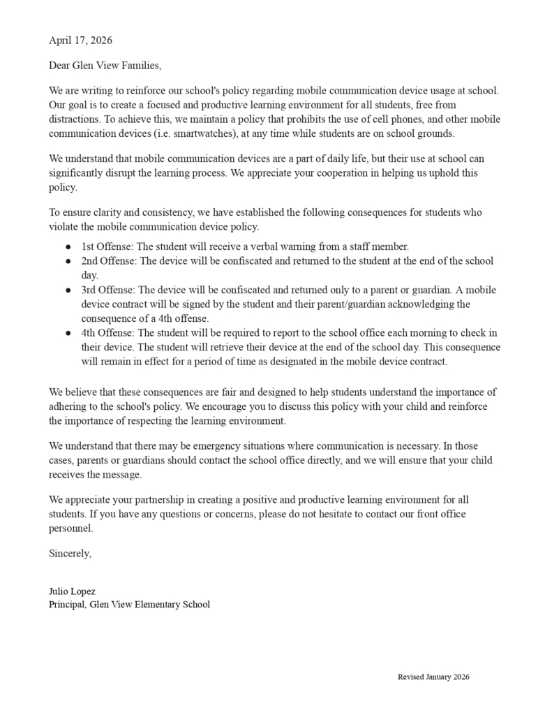 Cell Phone Policy Principal Letter English 