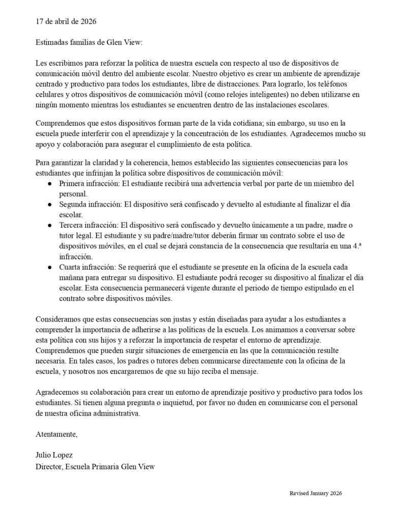 Cell Phone Policy Principal Letter Spanish 