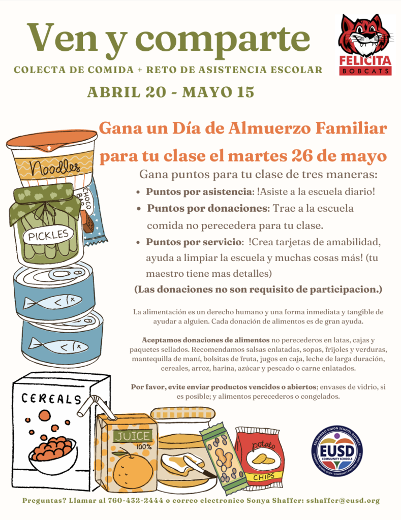 Show Up and Share FOOD DRIVE + ATTENDANCE CHALLENGE Earn points for your class in three ways Attendance Points: Be at school everyday! Donation Points: Bring non-perishable food to your classroom Service Points: Create kindness cards, help clean the school and so many more!(teacher has more details) (Donations are not required to participate.) APRIL 20 - MAY 15 Food is a human right and is an immediate and tangible way to help someone. Every donation of food helps. We accept donations of non-perishable food in cans, boxes and sealed packets. We recommend canned sauces, soups, beans, and vegetables, peanut butter, fruit pouches, boxed juices, shelf stable milk, cereal, rice, flour, sugar and canned fish/meats. Please avoid sending expired or opened items; glass if possible; perishable/frozen foods