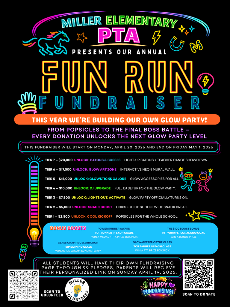 MILLER ELEMENTARY PTA PRESENTS OUR ANNUAL  FUN RUN FUNDRAISER  THIS YEAR WE’RE BUILDING OUR OWN GLOW PARTY!  From popsicles to the final boss battle – Every donation unlocks the next glow party level  This fundraiser will start on Monday, April 20, 2026 and end on Friday May 1, 2026  Fundraising Tiers  Tier 7 – $20,000 UNLOCK: Batons & Bosses Light-up batons + Teacher dance showdown.  Tier 6 – $17,500 UNLOCK: Glow Art Zone Interactive neon mural wall.  Tier 5 – $15,000 UNLOCK: Glowsticks Galore Glow accessories for all.  Tier 4 – $10,000 UNLOCK: DJ Upgrade Full DJ setup for the glow party.  Tier 3 – $7,500 UNLOCK: Lights Out, Activate Glow party officially turns on.  Tier 2 – $5,000 UNLOCK: Snack Boost Chips + juice schoolwide snack break.  Tier 1 – $2,500 UNLOCK: Cool Kickoff Popsicles for the whole school.  BONUS BOOSTS  Power Runner Award Top runner in each grade Win a medal + PTA prize box pick  The $100 Boost Bonus Hit your personal $100 goal Win a bonus prize  Class Champs Celebration Top earning class Win an ice cream sundae party  Glow-Getter of the Class Top earner in each class Win a PTA prize box pick  All students will have their own fundraising page through 99 Pledges. Parents will receive their personalized link on Sunday April 19, 2026.  Scan to Volunteer Miller Volunteers  Happy Fundraising!  Scan to Donate