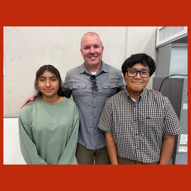 Xochitl (Service Above Self) and Joey (Outstanding Scholar) with Principal Jason Hoff