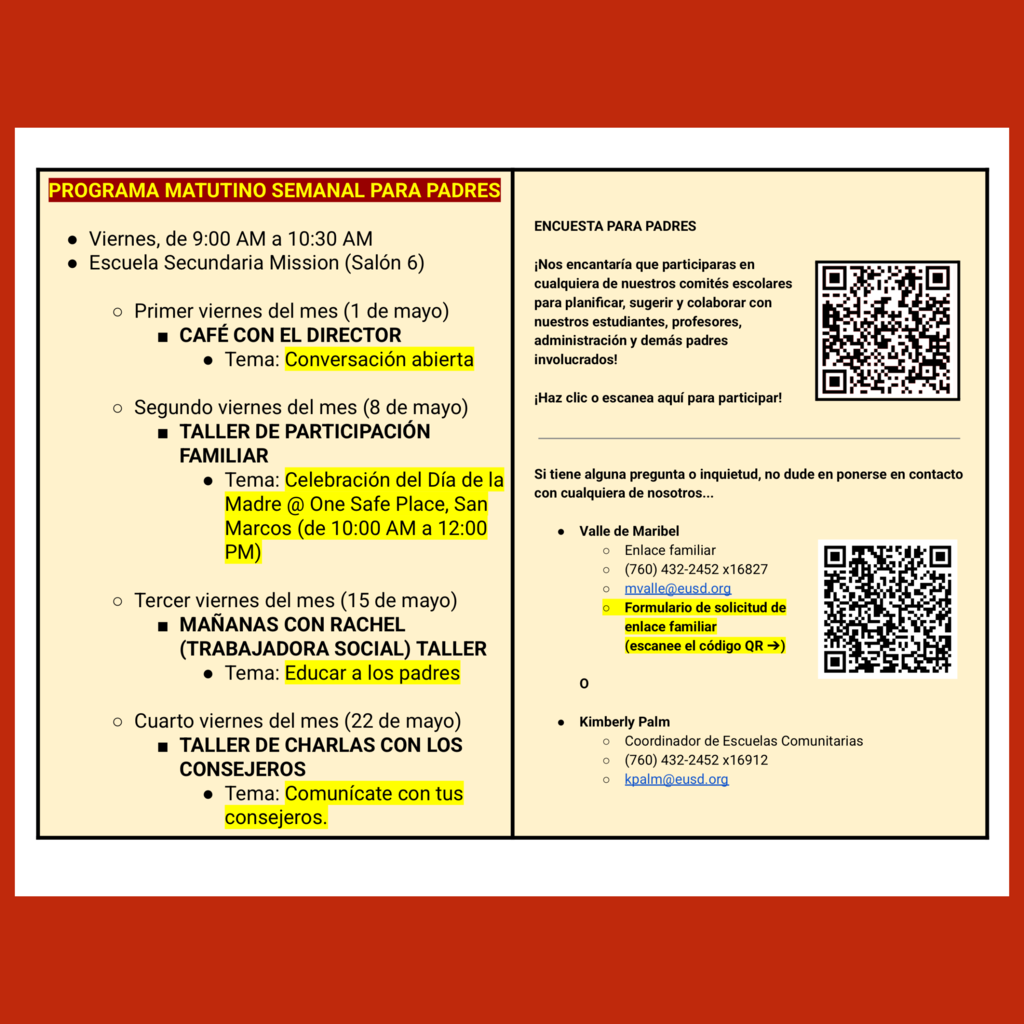 Page 2 (of 2) of the Spanish language Family Engagement Calendar for May 2026