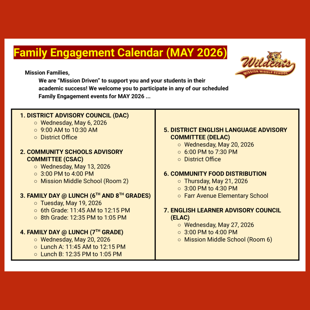 Page 1 (of 2) of the English language Family Engagement Calendar for May 2026