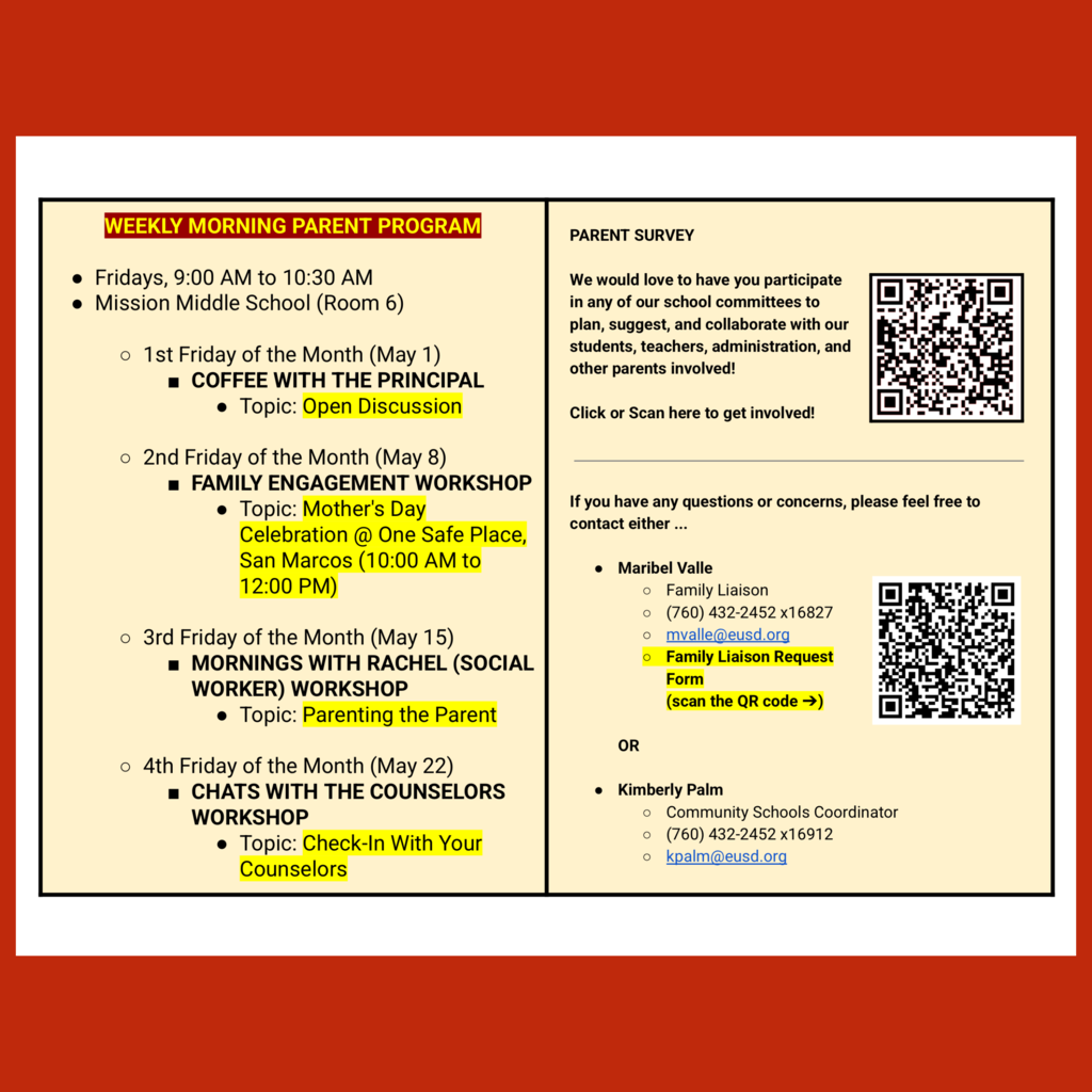 Page 2 (of 2) of the English language Family Engagement Calendar for May 2026