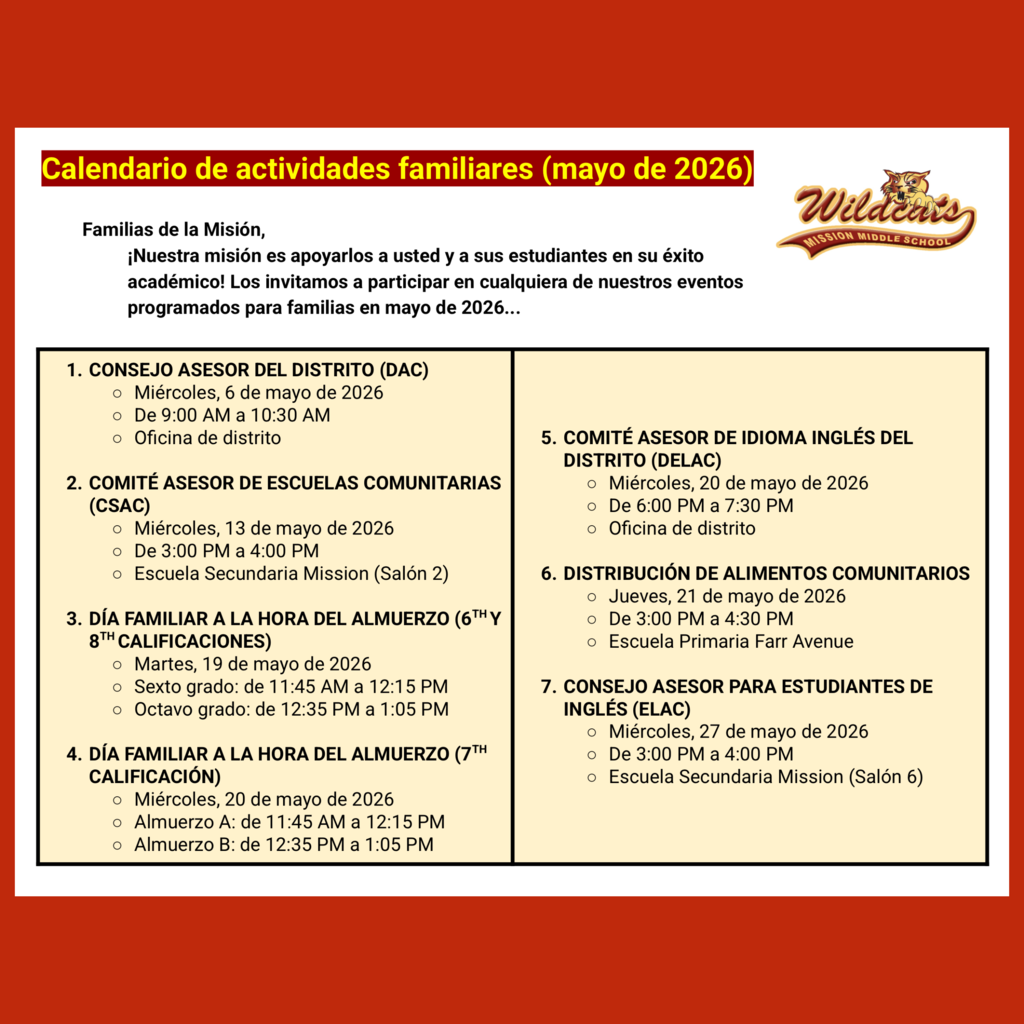 Page 1 (of 2) of the Spanish language Family Engagement Calendar for May 2026