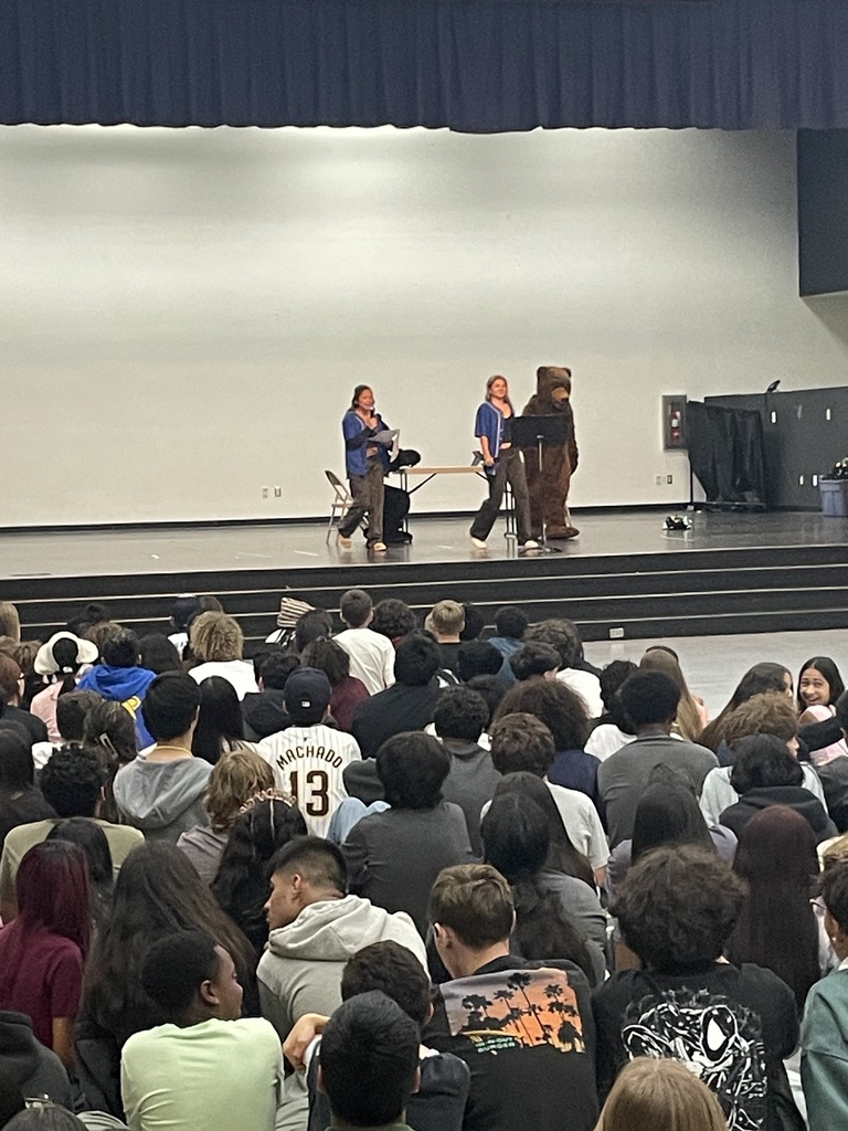 students watching bear mascots on stage