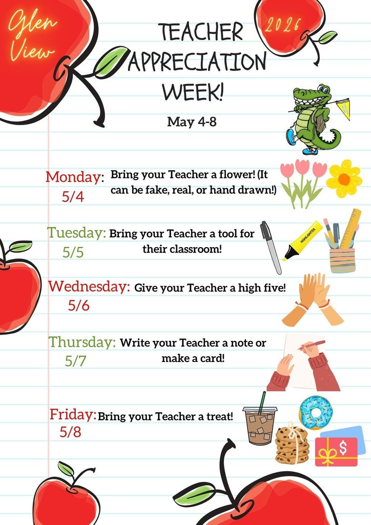 Flyer for Teacher Appreciation Day with apples, school gator, and treats