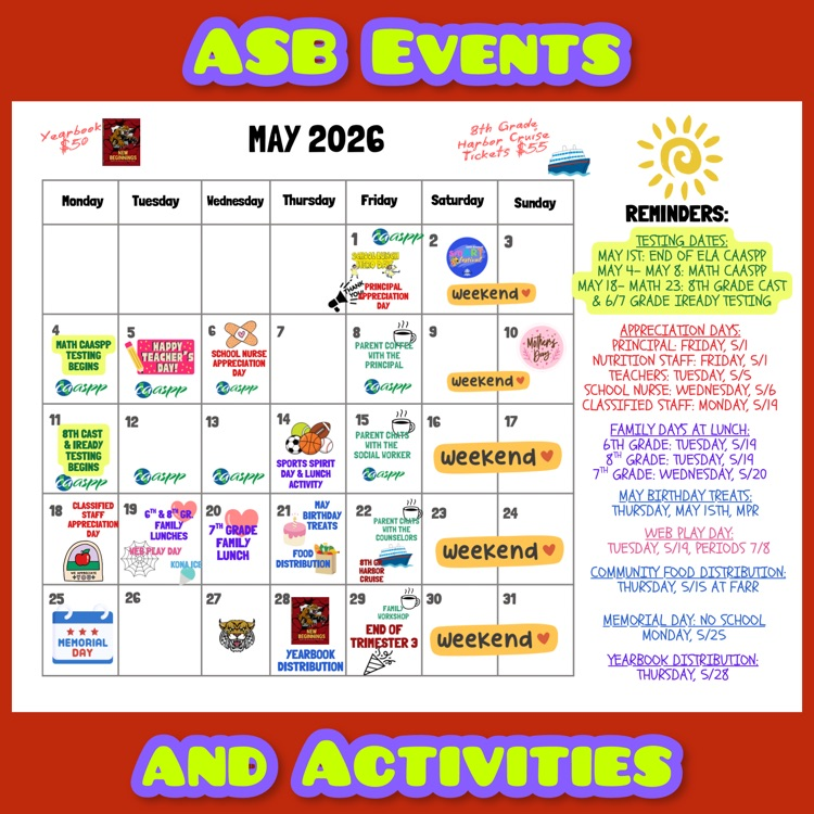 A calendar of ASB Events and Activities for May 2026