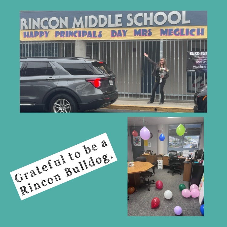 collage of principal in front of the school and office full of balloons.