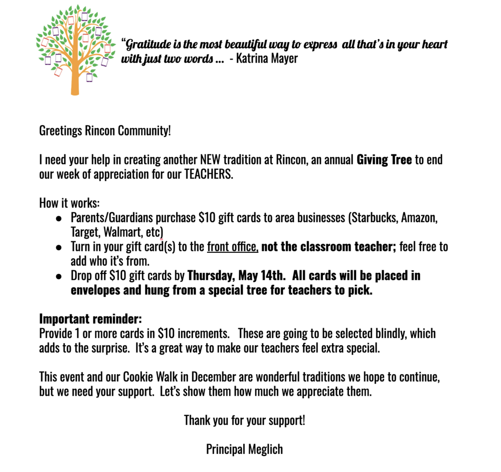 Rincon teacher Appreciation giving tree letter