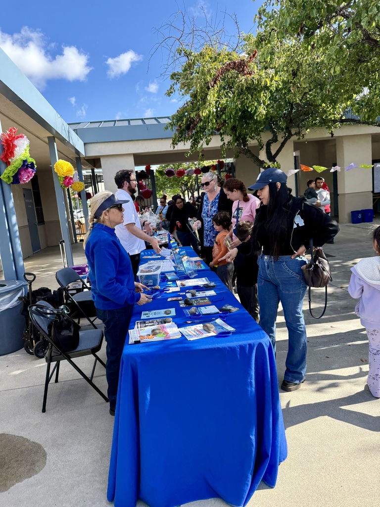 "A volunteer in a blue jacket presents rocks, books, and educational materials to families at an outdoor community event table."