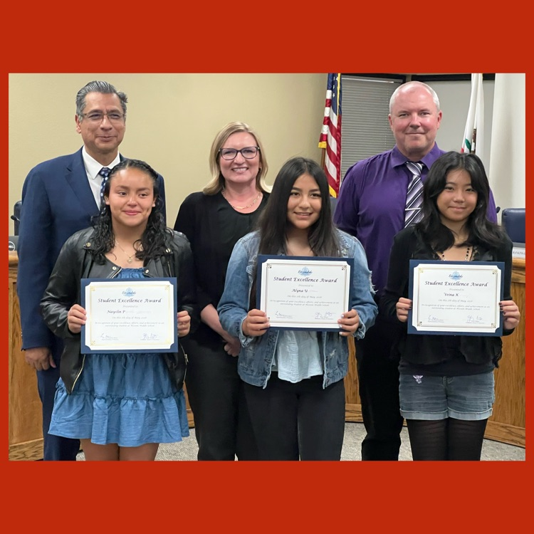 Nayslin, Alyna, and Veina accepting their Student Excellence Awards at last night's Board meeting from Superintendent Luis Ibarra, School Board President Zesty Harper, and Mission Middle School Principal Jason Hoff