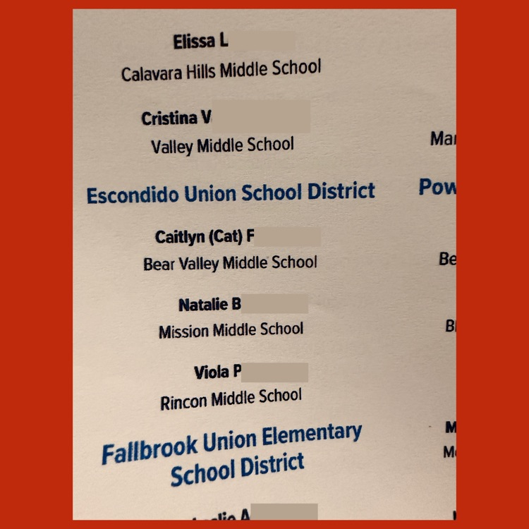 Natalie's name on the program along with other AVID 8th Grade Standouts