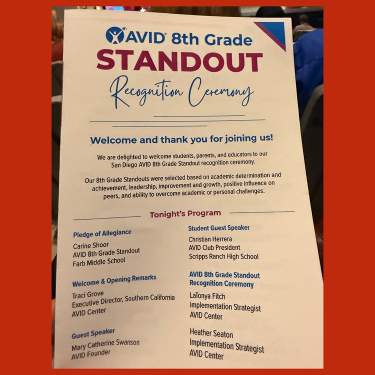 The program for the AVID 8th Grade Standout Recognition Ceremony