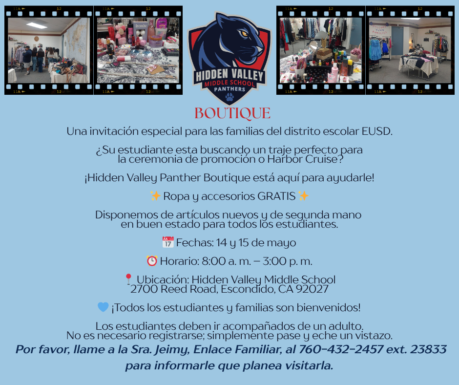 Escuela Secundaria Hidden Valley Evento Boutique el 14 y 15 de Mayo de 8am a 3pm