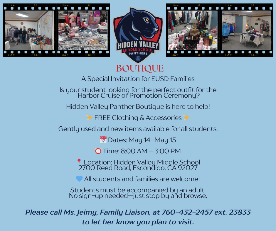 Hidden Valley Middle School Boutique Event on May 14-15 from 8am to 3pm Free clothing