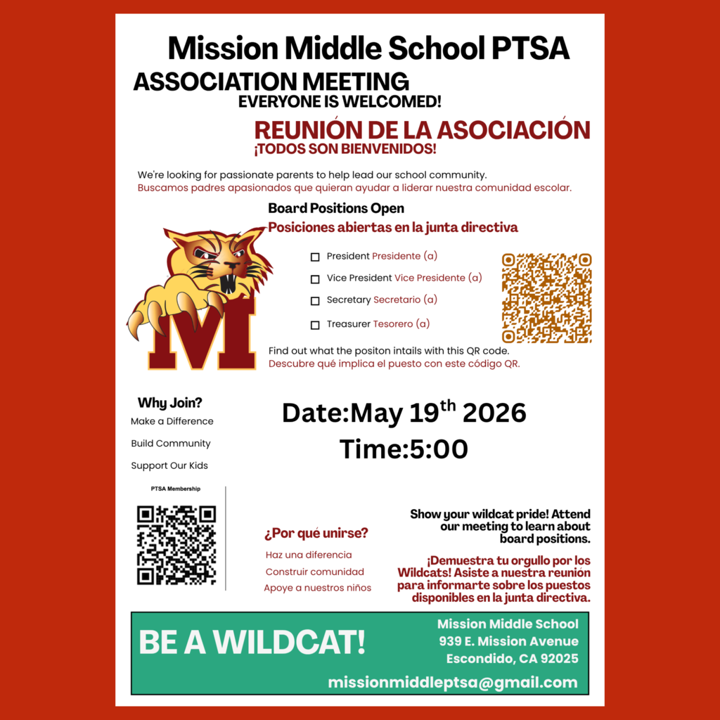 A flyer for the next meeting of the Mission Middle School PTSA