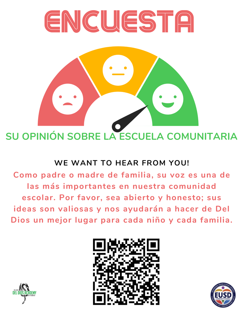 Flyer inviting Del Dios Academy parents to complete a Community School Feedback Survey by scanning a QR code or visiting https://forms.gle/kDi74eEbF6nMjnt99, illustrated with a satisfaction meter graphic showing sad, neutral, and happy face icons.