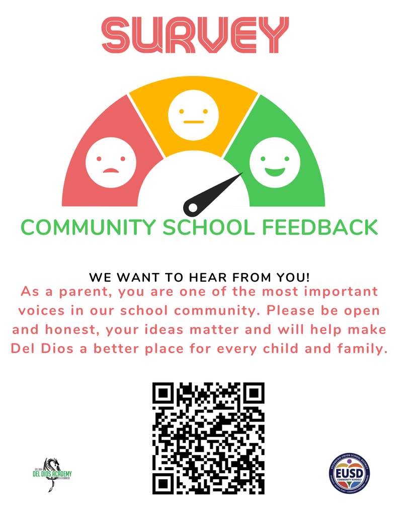 Flyer inviting Del Dios Academy parents to complete a Community School Feedback Survey by scanning a QR code or visiting https://forms.gle/kDi74eEbF6nMjnt99, illustrated with a satisfaction meter graphic showing sad, neutral, and happy face icons.