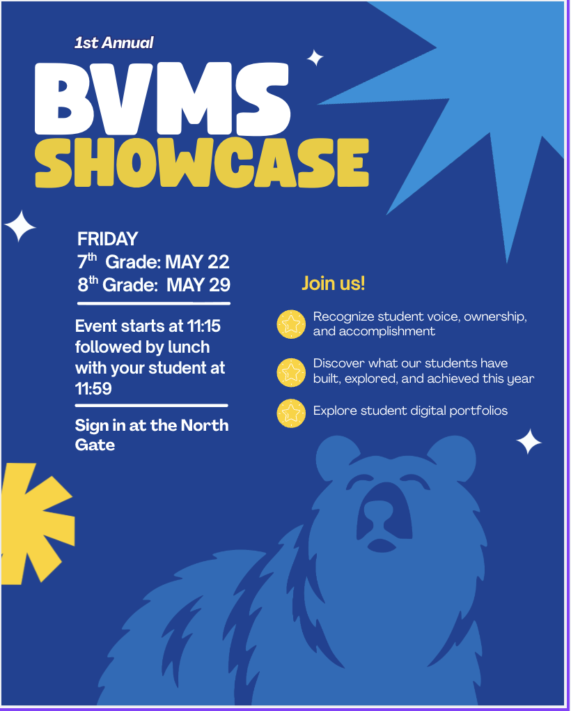 BVMS 1st annual showcase 5/22, 5/29 starts at 11:15 followed by lunch at 11:59 sign in north gate, explore portfolios, discover what students have done, recoginize ownership, voice, and accompliahments