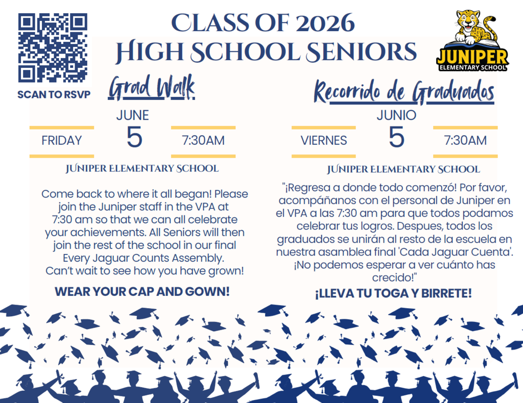 Flyer for Juniper Elementary School's Class of 2026 Grad Walk on June 5.