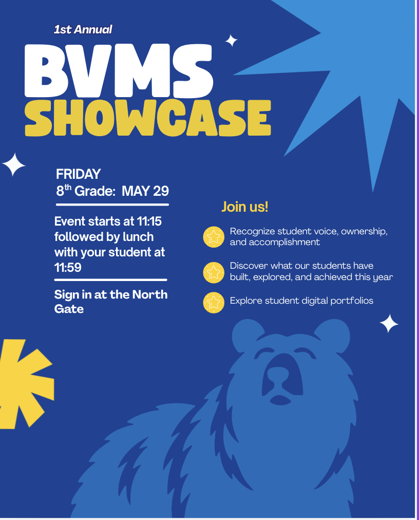 8th grade showcase flyer,Friday may 29th at 11:115 followed by lunch at 11:59, parents sign in at North gate and is oppotunity to view student work