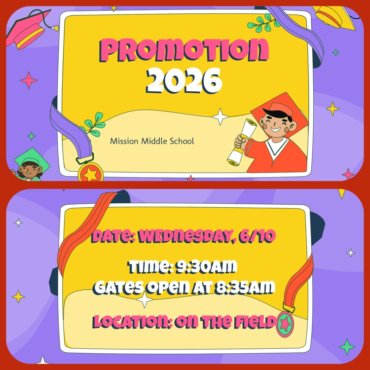 A collage of slides about 8th Grade Promotion including the date, time, and location