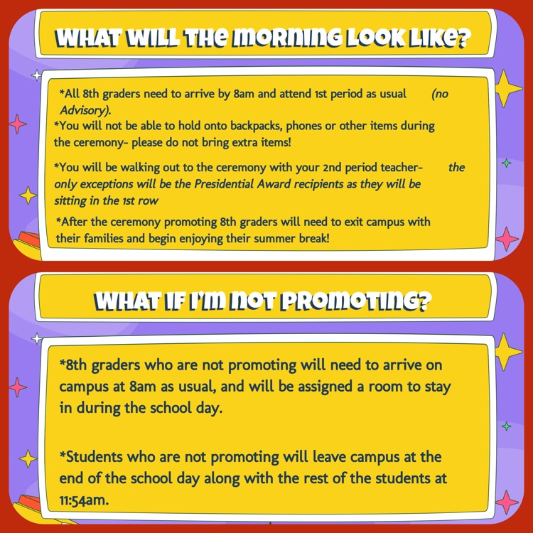 A collage of slides about what the morning will look like, as well as information for students who are not attending the Promotion Ceremony