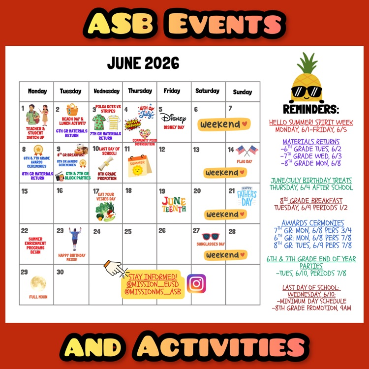 A calendar of ASB Events and Activities for June 2026