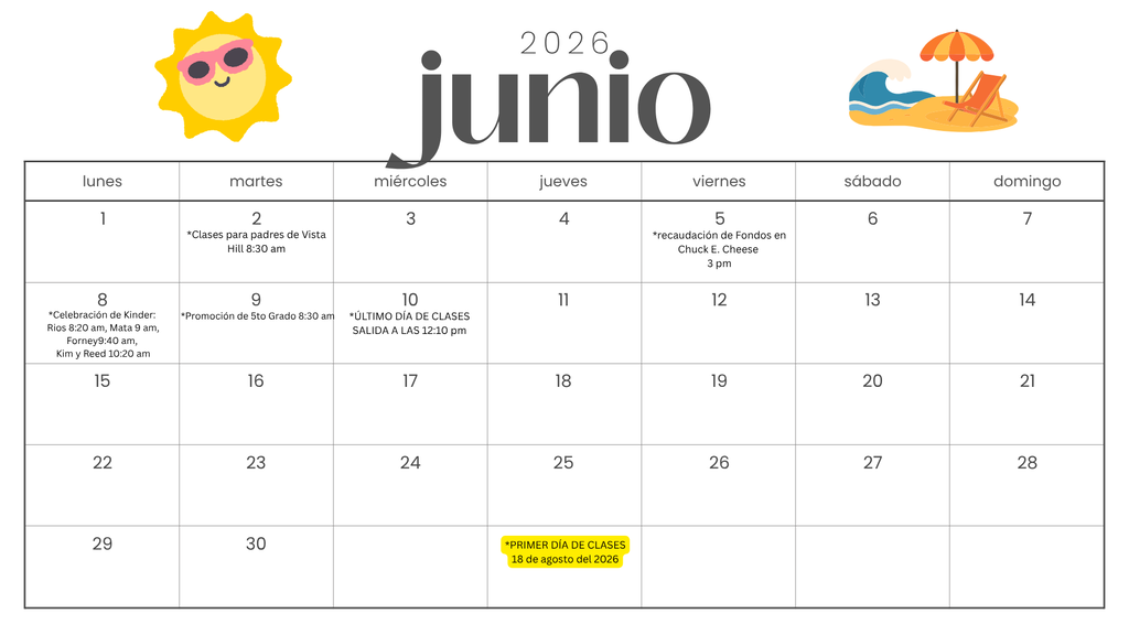 June 2026 Parent Calendar Spanish
