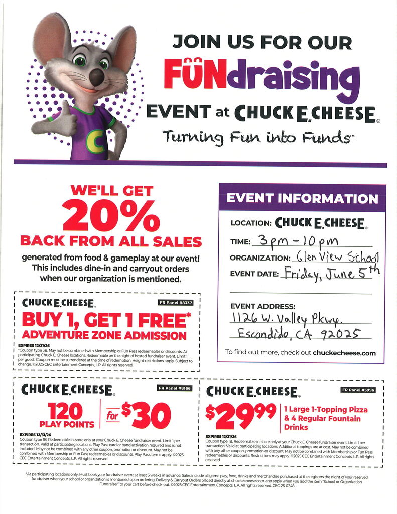 Chuck E. Cheese Fundraiser Flyer English