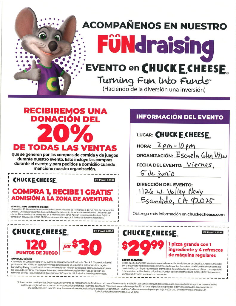 Chuck E. Cheese Fundraiser Flyer Spanish