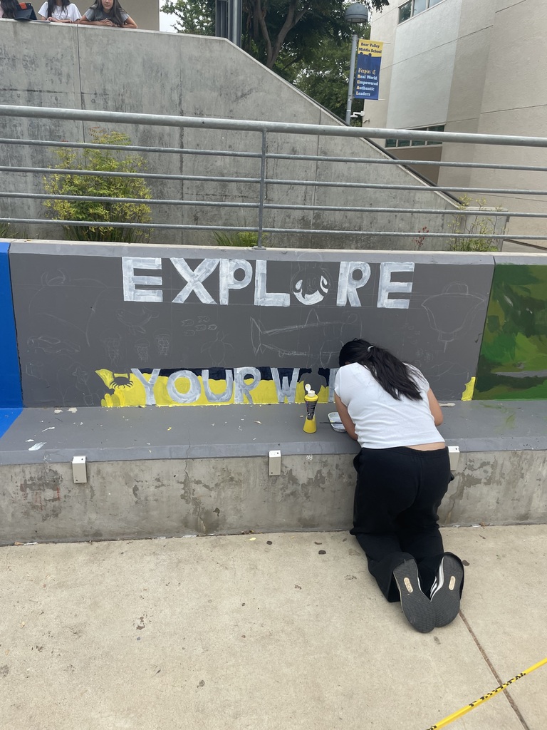 Student doing art work on wall