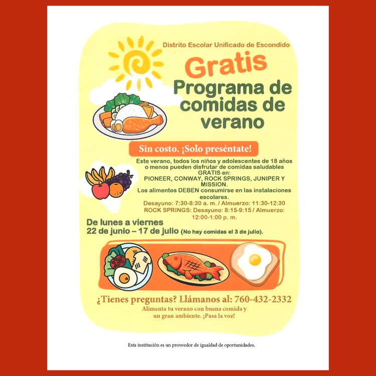 Page 1 (of 2) of the Spanish language flyer for the Summer Nutrition Program
