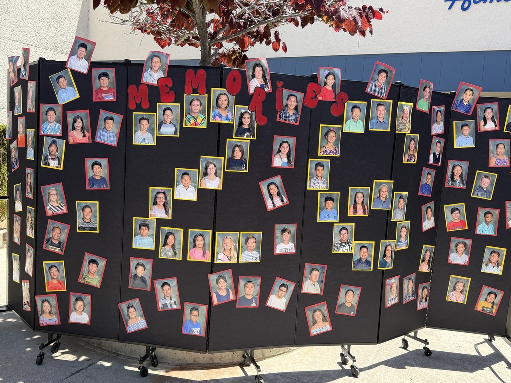 Black display boards feature dozens of student portraits under the heading “Memories” in an outdoor school area.