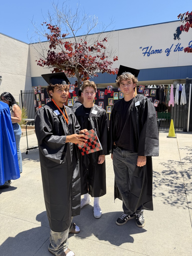 Three high school grad students in front of school wearing caps and gowns