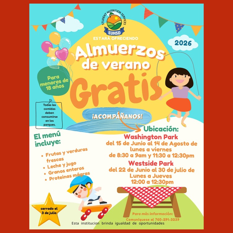 A Spanish language flyer for the EUHSD Summer Nutrition Program