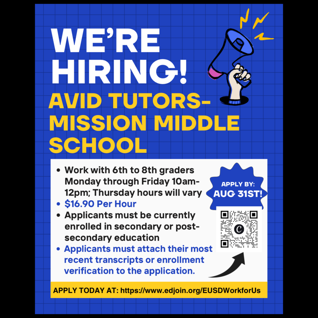 A flyer for hiring AVID Tutors at Mission Middle School