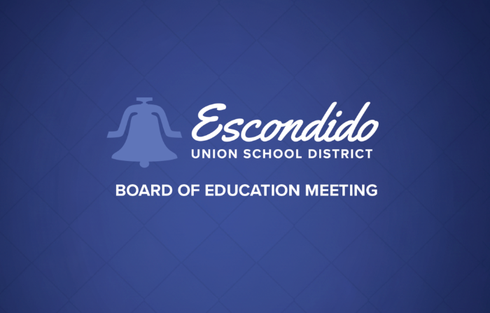 A bell image with the wording: Escondido Union School District Board of Education Meeting."