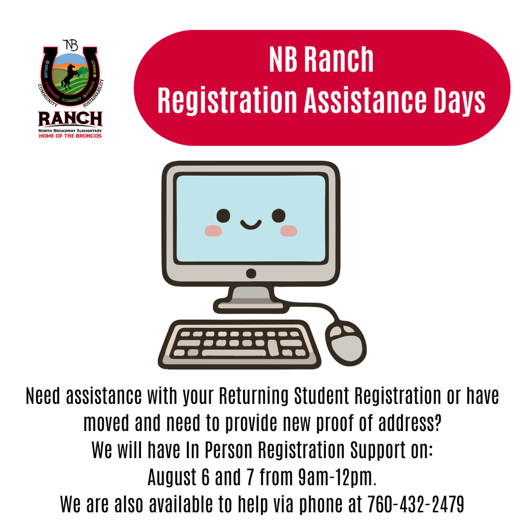 School flyer featuring a cute cartoon computer advertising Registration Assistance Days on August 6 and 7.