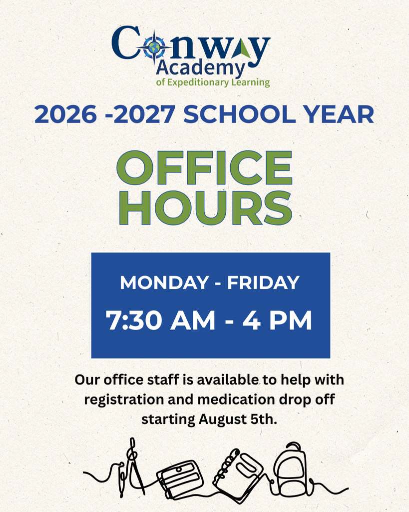 Greetings Conway families! Good news. Our office staff is available to help with registration and medication drop off starting August 5th from 7:30 am to 4 pm. First day of school is Tuesday, August 18. See you soon!