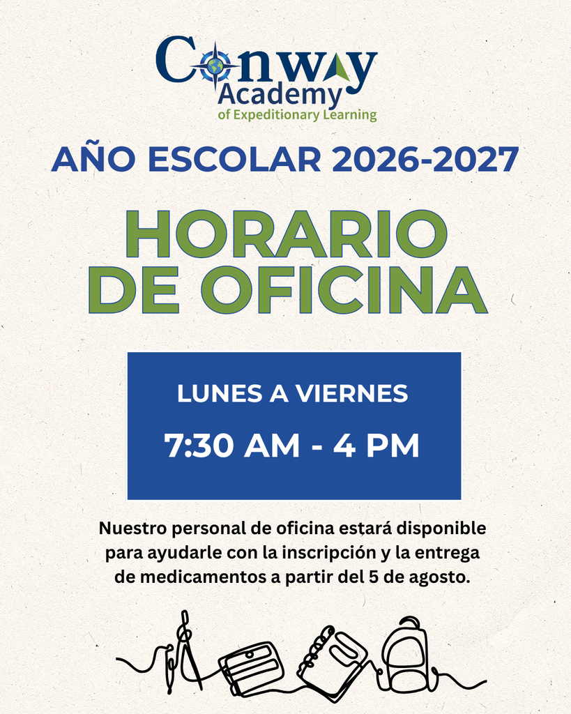 Greetings Conway families! Good news. Our office staff is available to help with registration and medication drop off starting August 5th from 7:30 am to 4 pm. First day of school is Tuesday, August 18. See you soon!