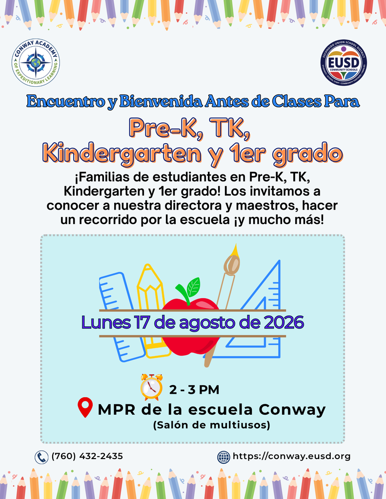 Spanish flyer for TK, Kindergarten and 1st Grade Meet and Greet for families on Monday, August 17, 2026 from 2-3 pm in the MPR.