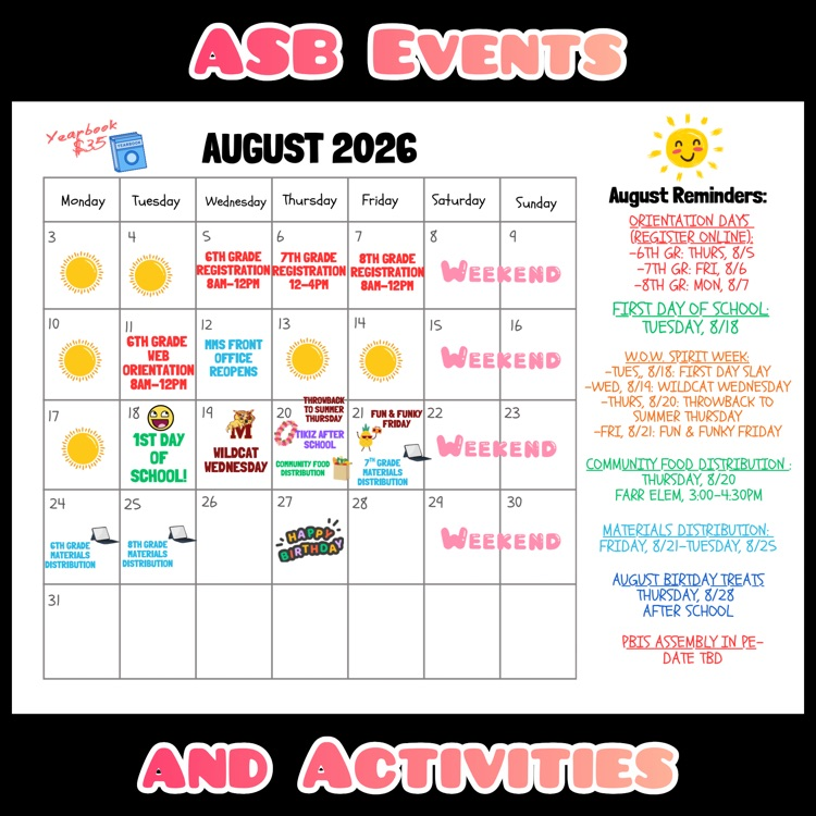 A calendar of ASB Events and Activities for August 2026