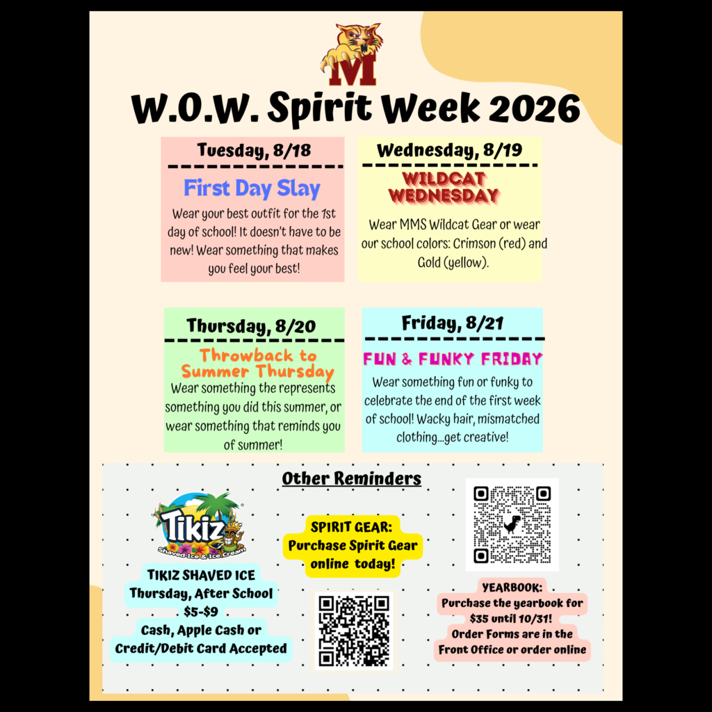 An English language collage of the four days of the August Spirit Week as well as Other Reminders