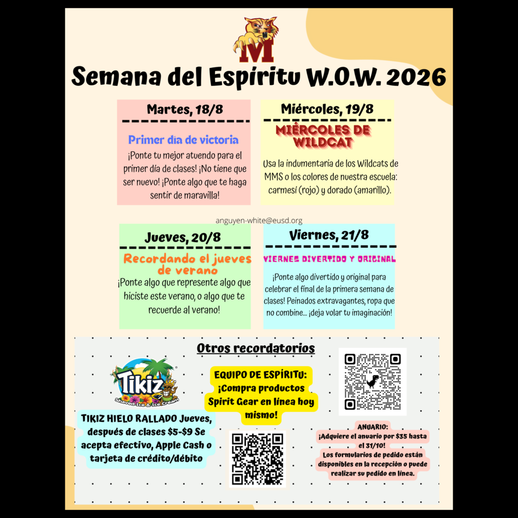 A Spanish language collage of the four days of the August Spirit Week as well as Other Reminders
